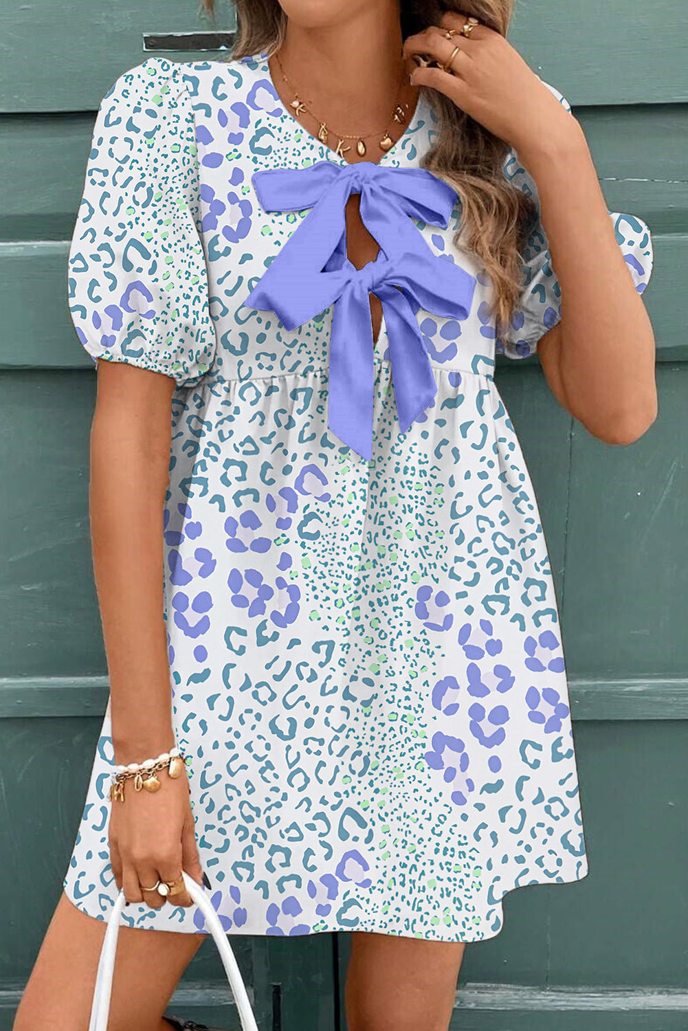 Sky Blue Floral Bow Front Puff Sleeve Mini Dress