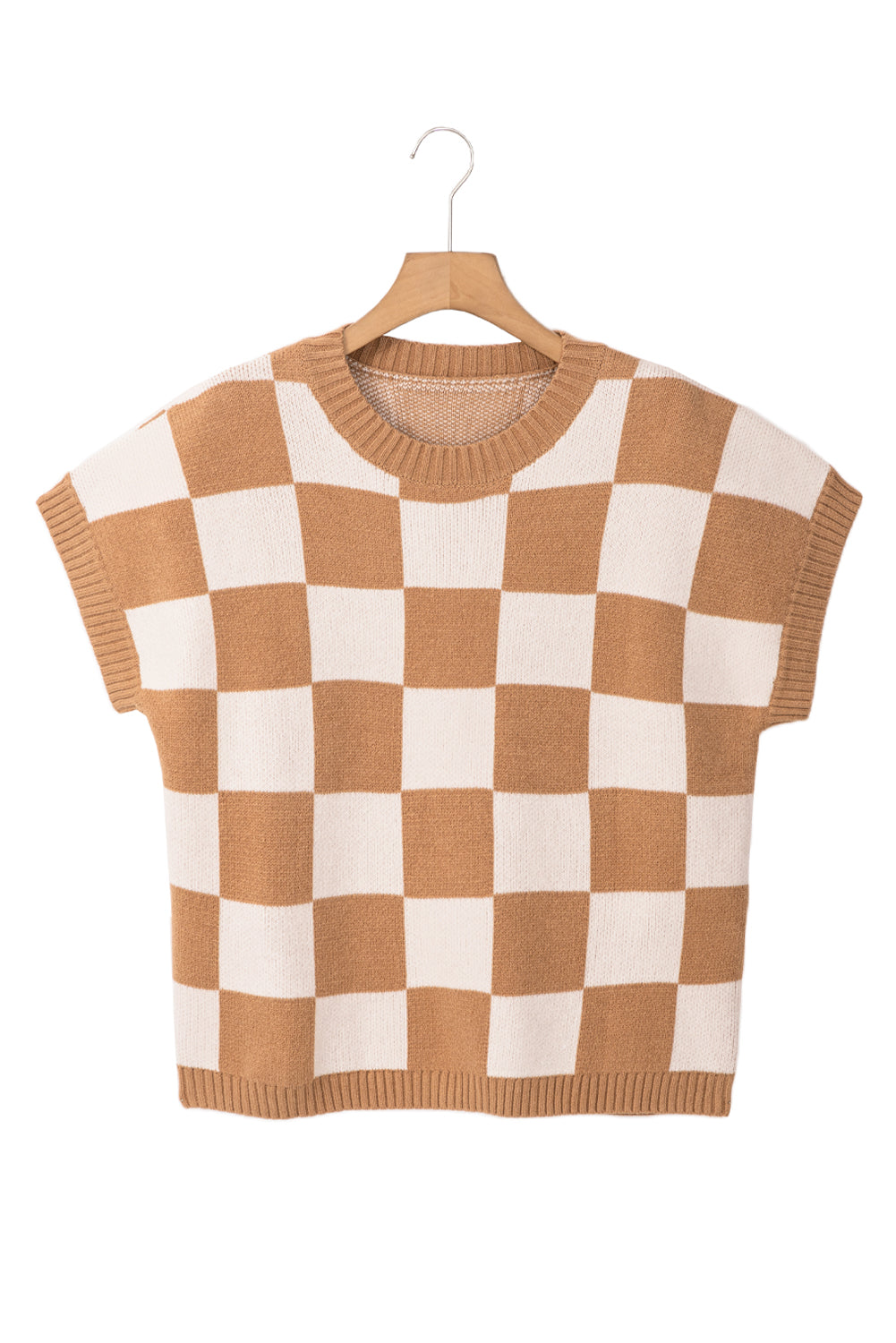 Light French Beige Checkered Knit Dolman Short Sleeve Sweater