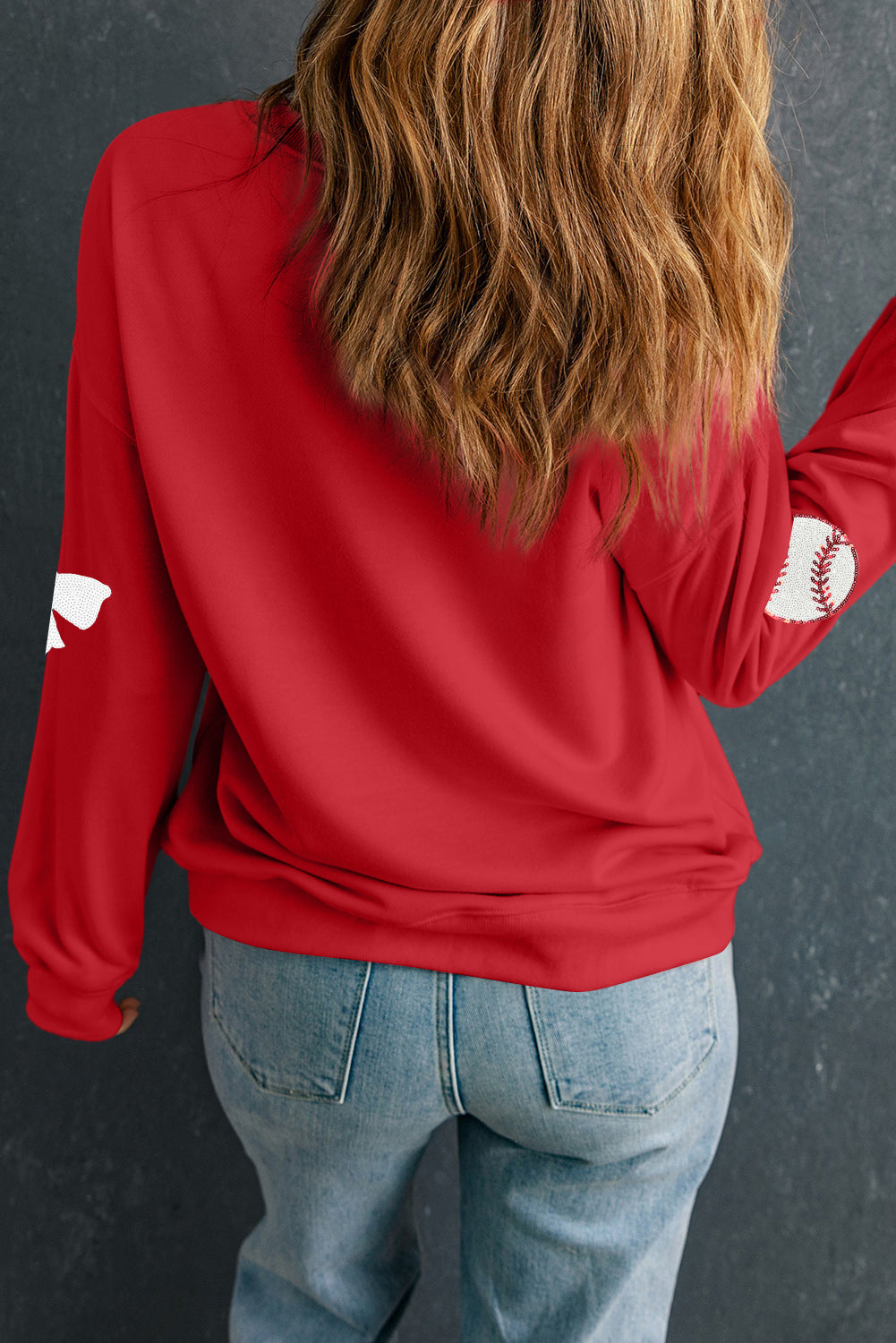 Red Sequin Baseball Bow Patched Pattern Game Day Pullover Sweatshirt