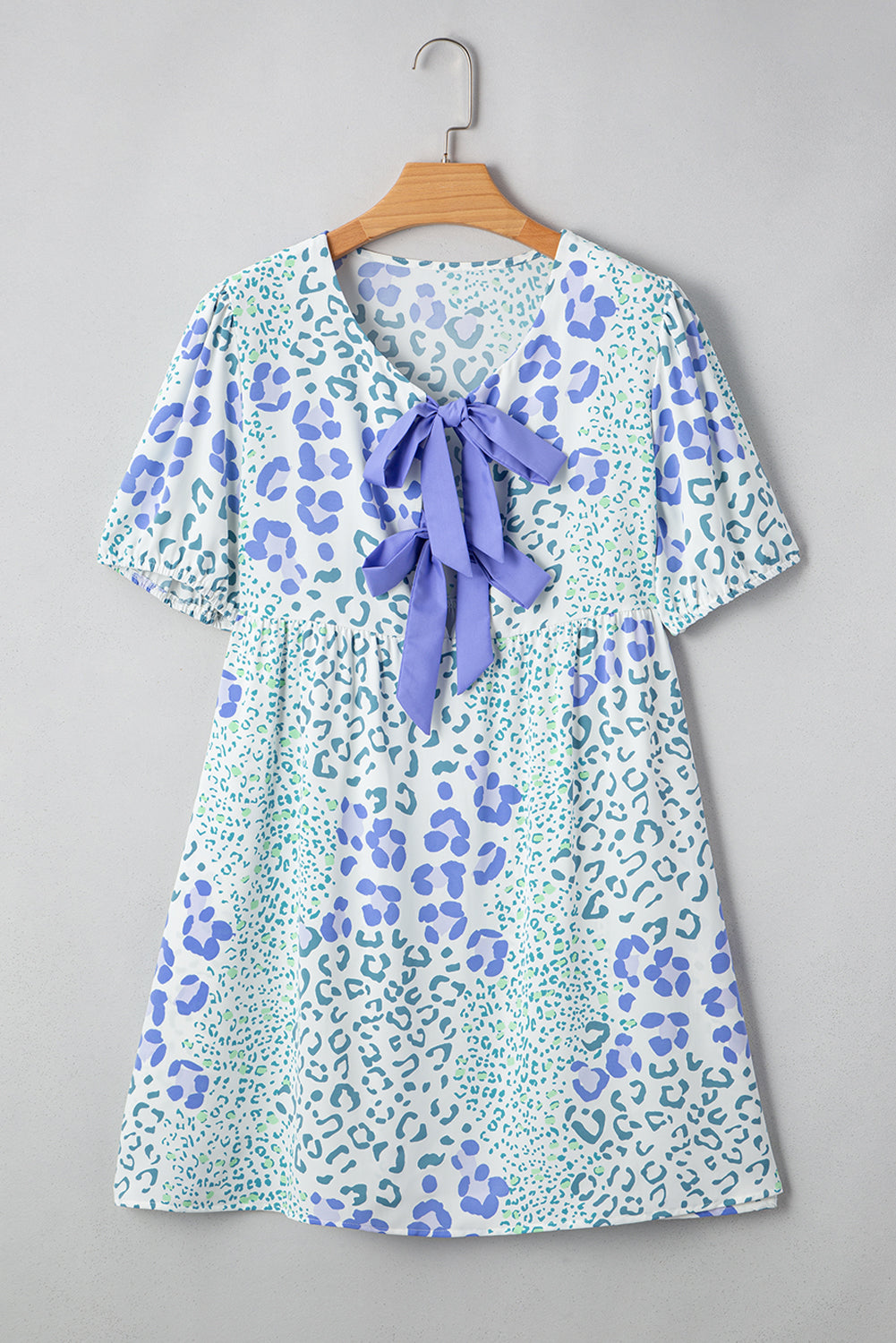 Sky Blue Floral Bow Front Puff Sleeve Mini Dress
