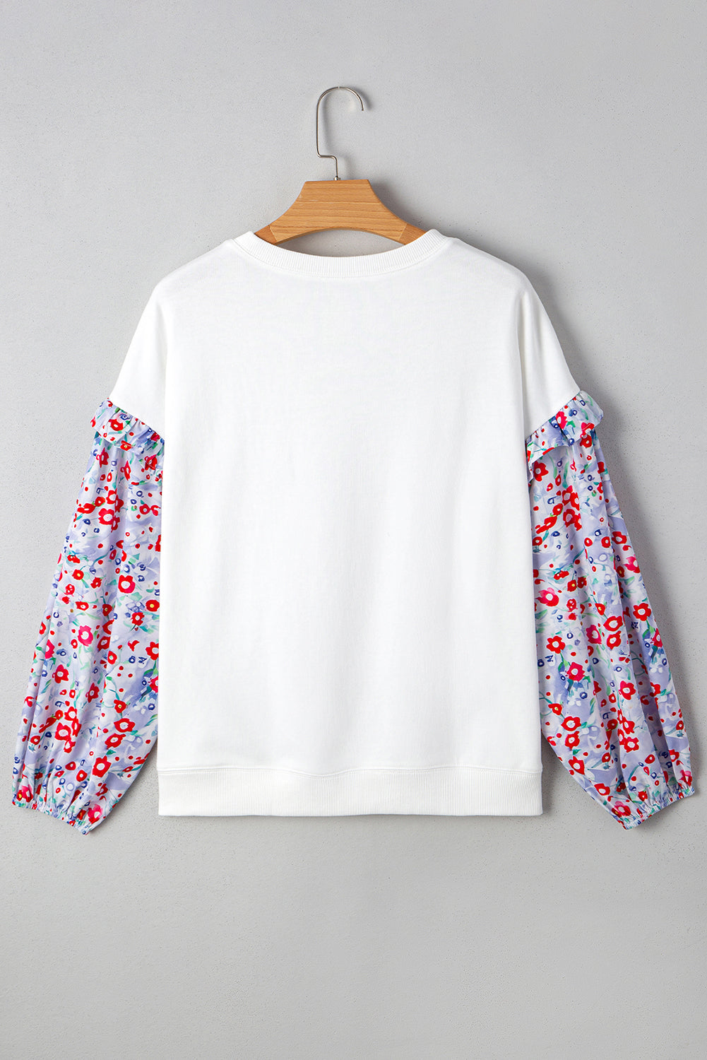 White Floral Ruffled Balloon Sleeve Patchwork Loose Blouse