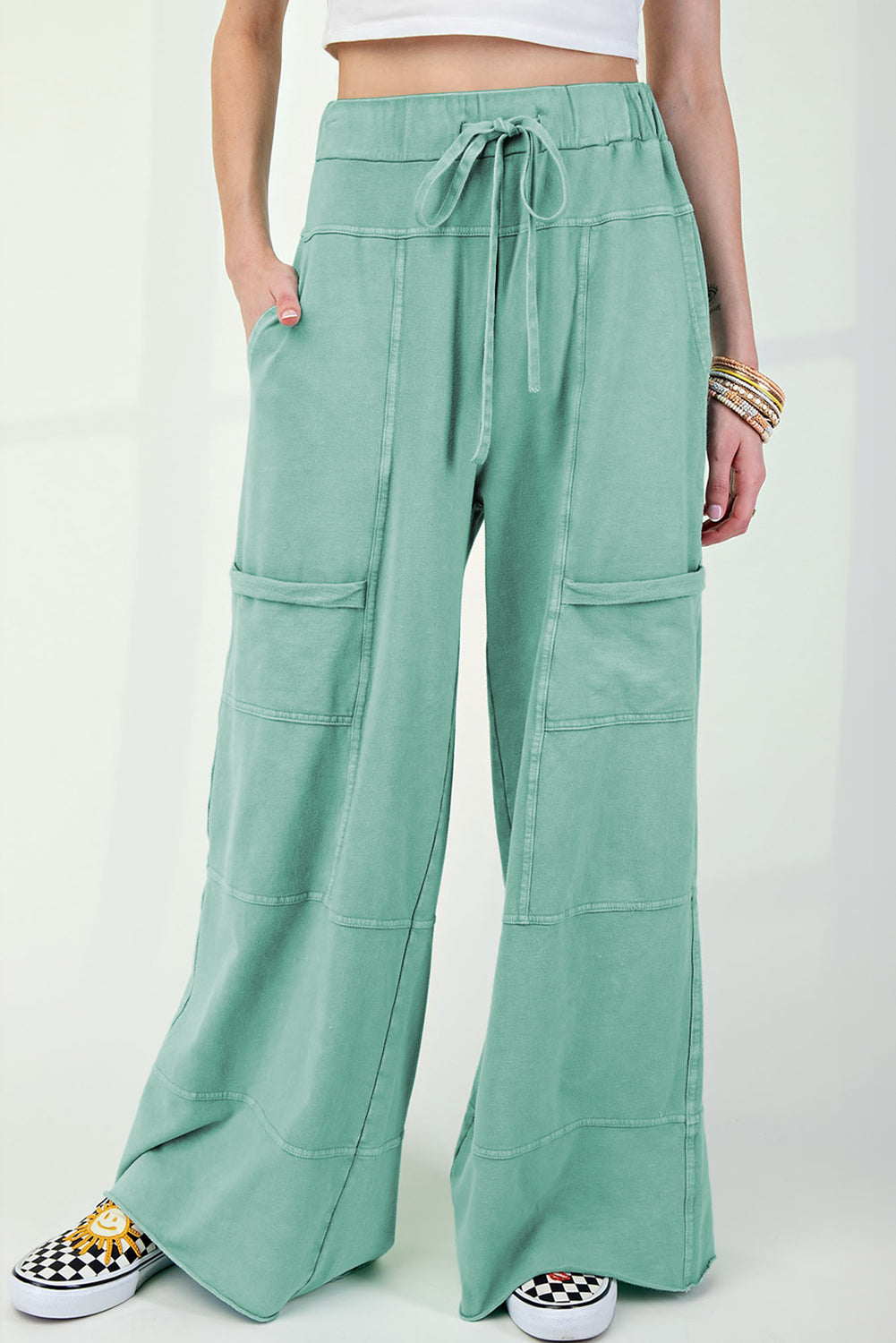 Mint Green Mineral Wash Exposed Seam Wide Leg Cargo Pants