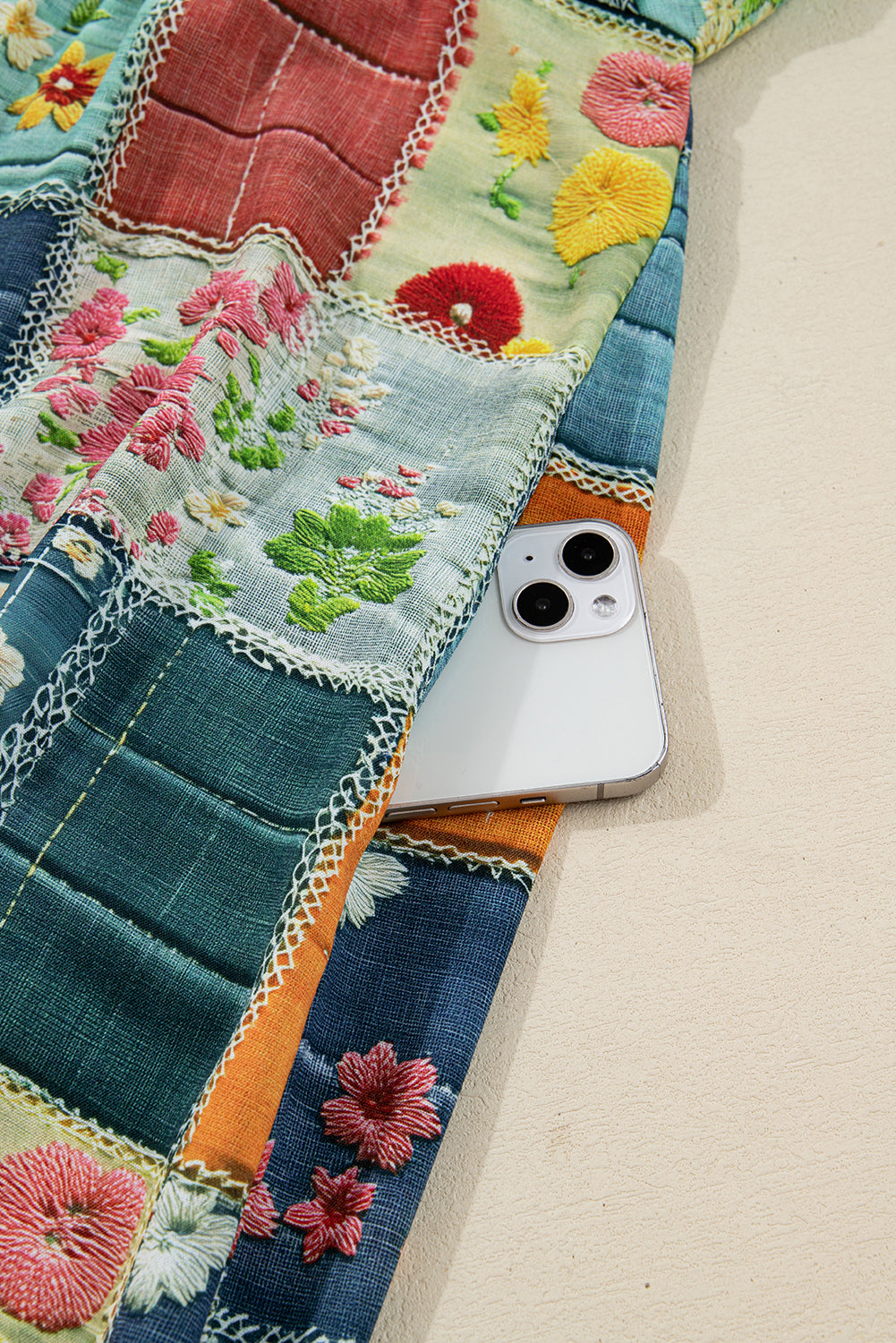 Sky Blue Mix Floral Checkered Pattern Bubble Sleeve Ruffle Hem Dress