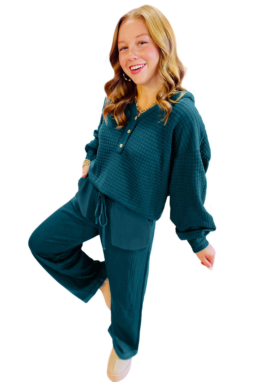 Skobeloff Checkered Texture Hooded Top and Loose Pants Set