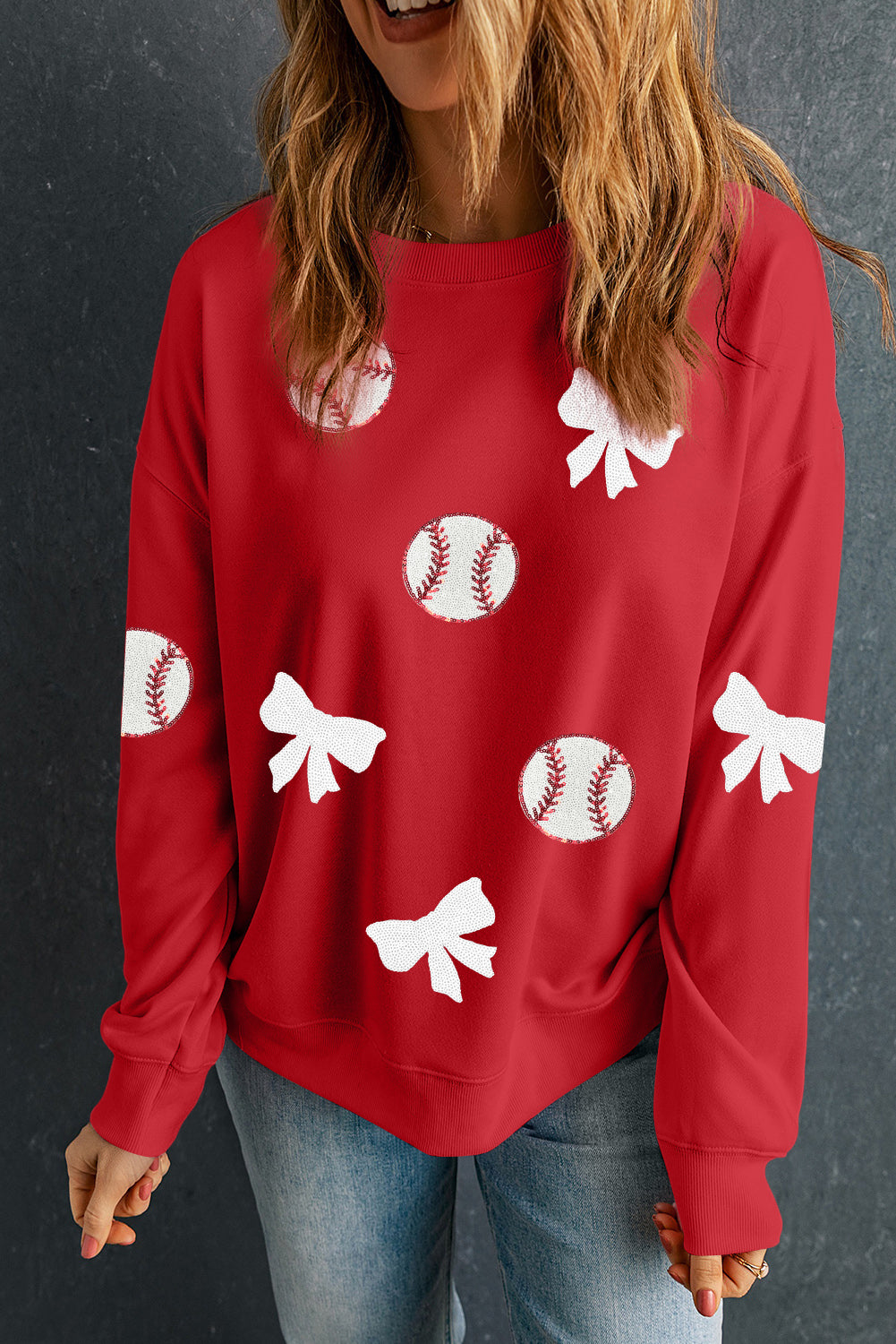Red Sequin Baseball Bow Patched Pattern Game Day Pullover Sweatshirt