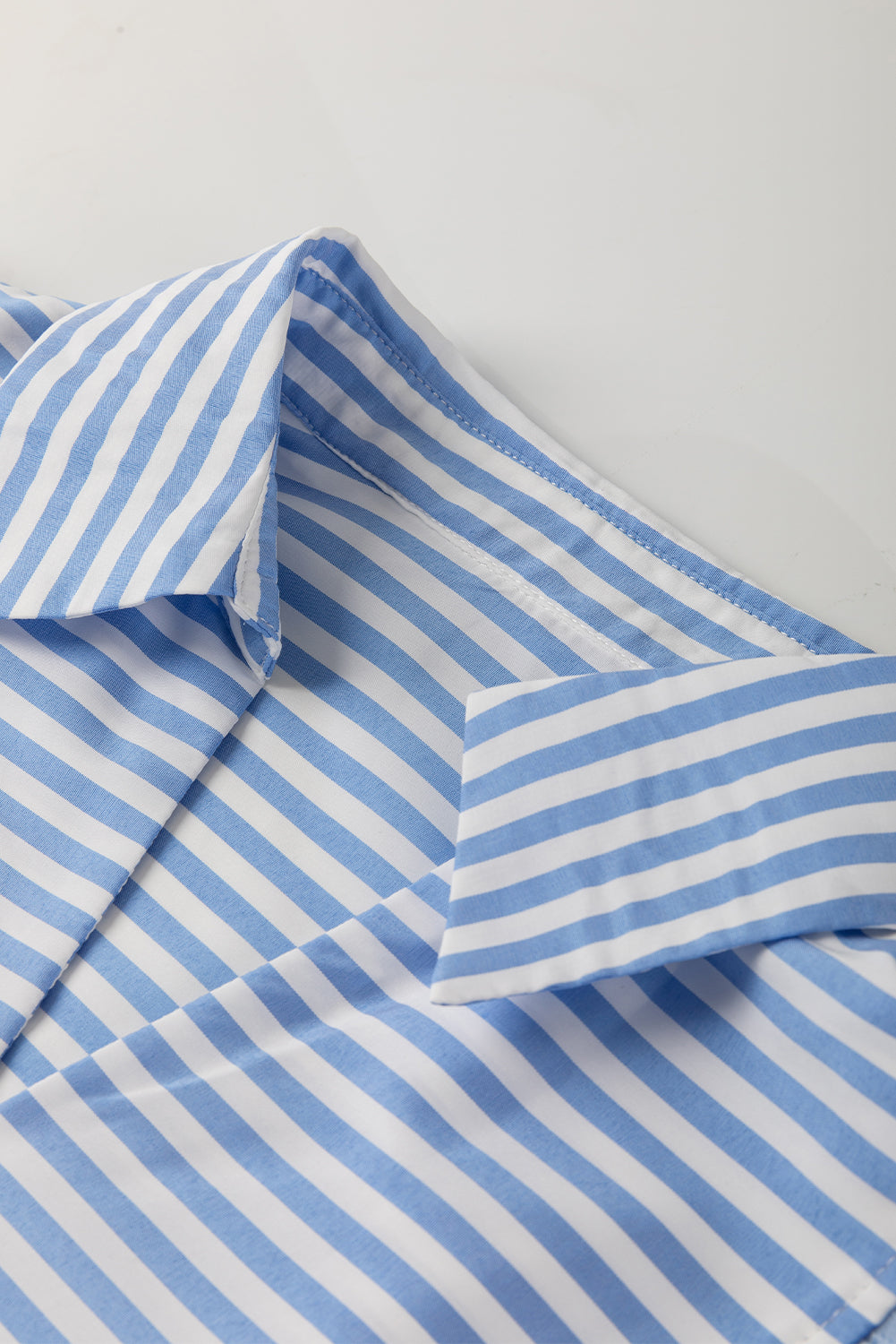 Sky Blue Stripe Shirt Collar V Neck Ricrac Trim 3/4 Puff Sleeve Blouse