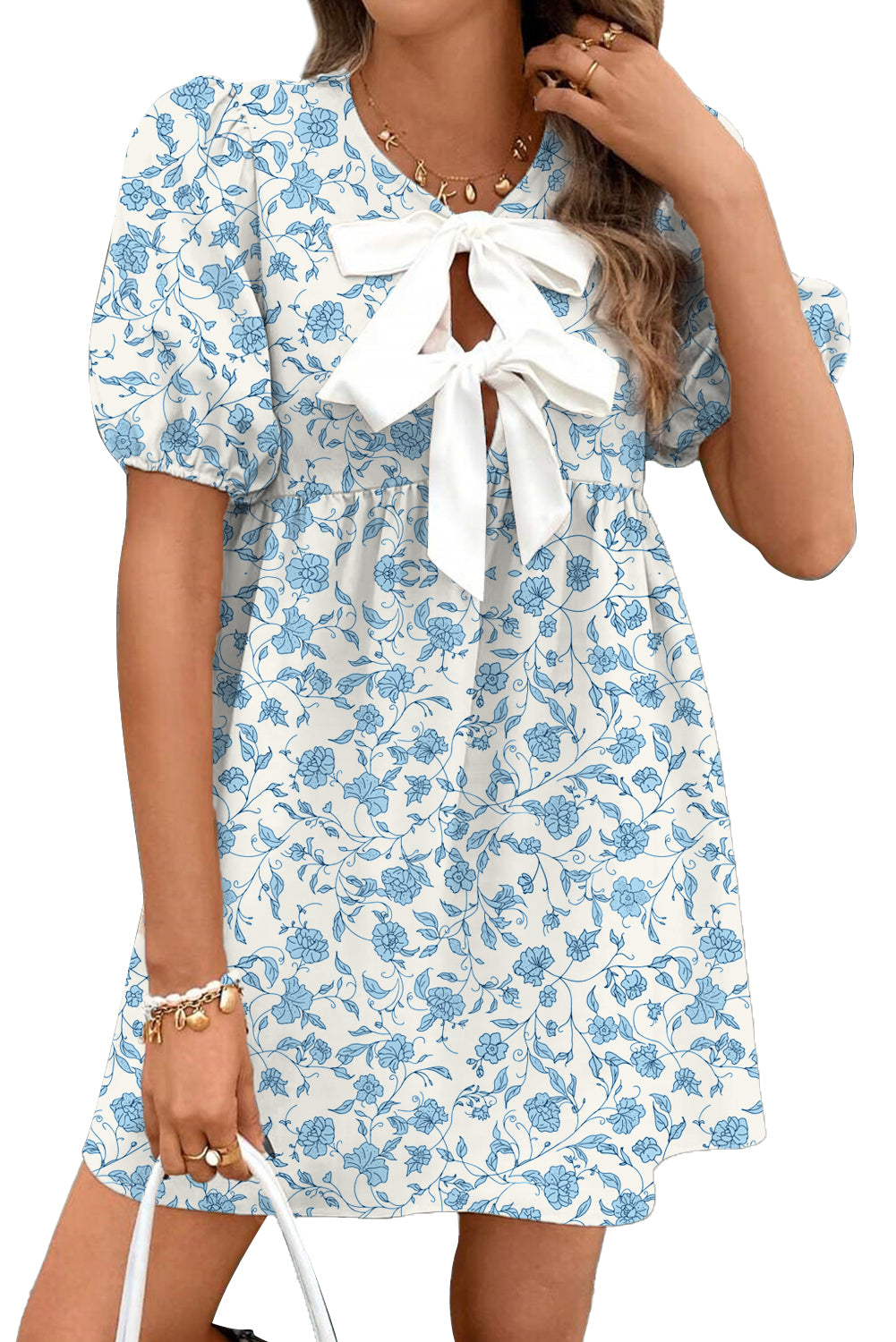 Sky Blue Floral Bow Front Puff Sleeve Mini Dress