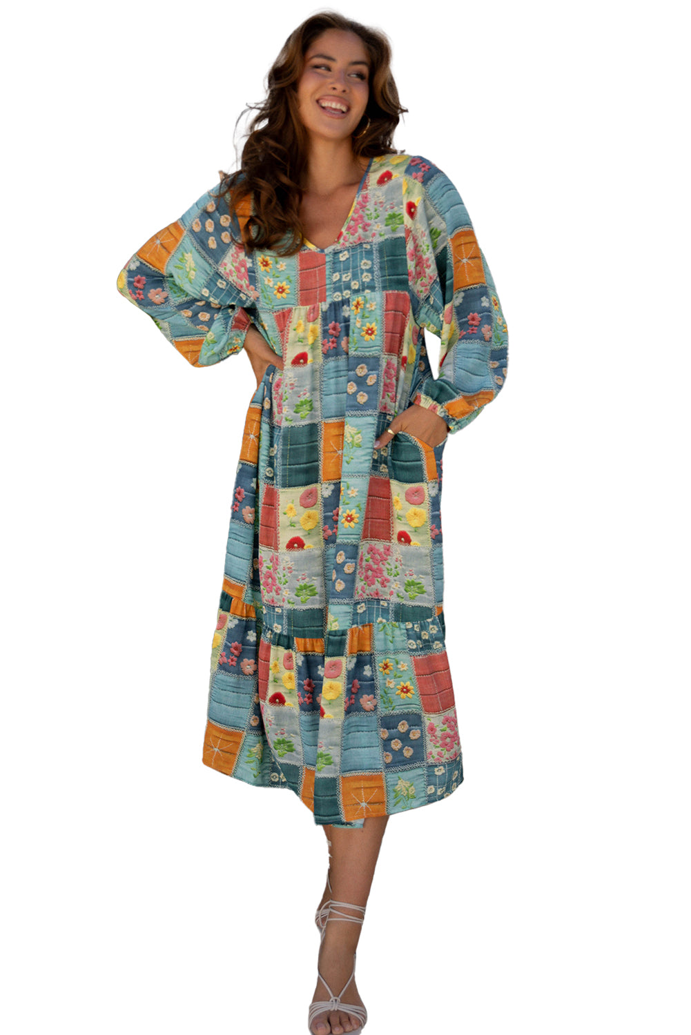 Sky Blue Mix Floral Checkered Pattern Bubble Sleeve Ruffle Hem Dress