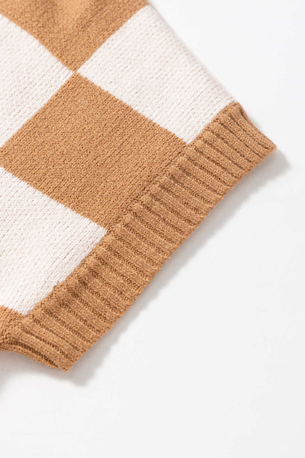 Light French Beige Checkered Knit Dolman Short Sleeve Sweater