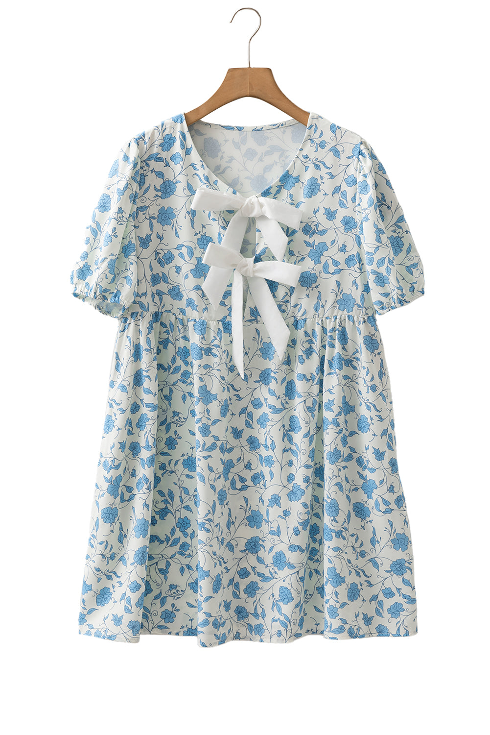 Sky Blue Floral Bow Front Puff Sleeve Mini Dress