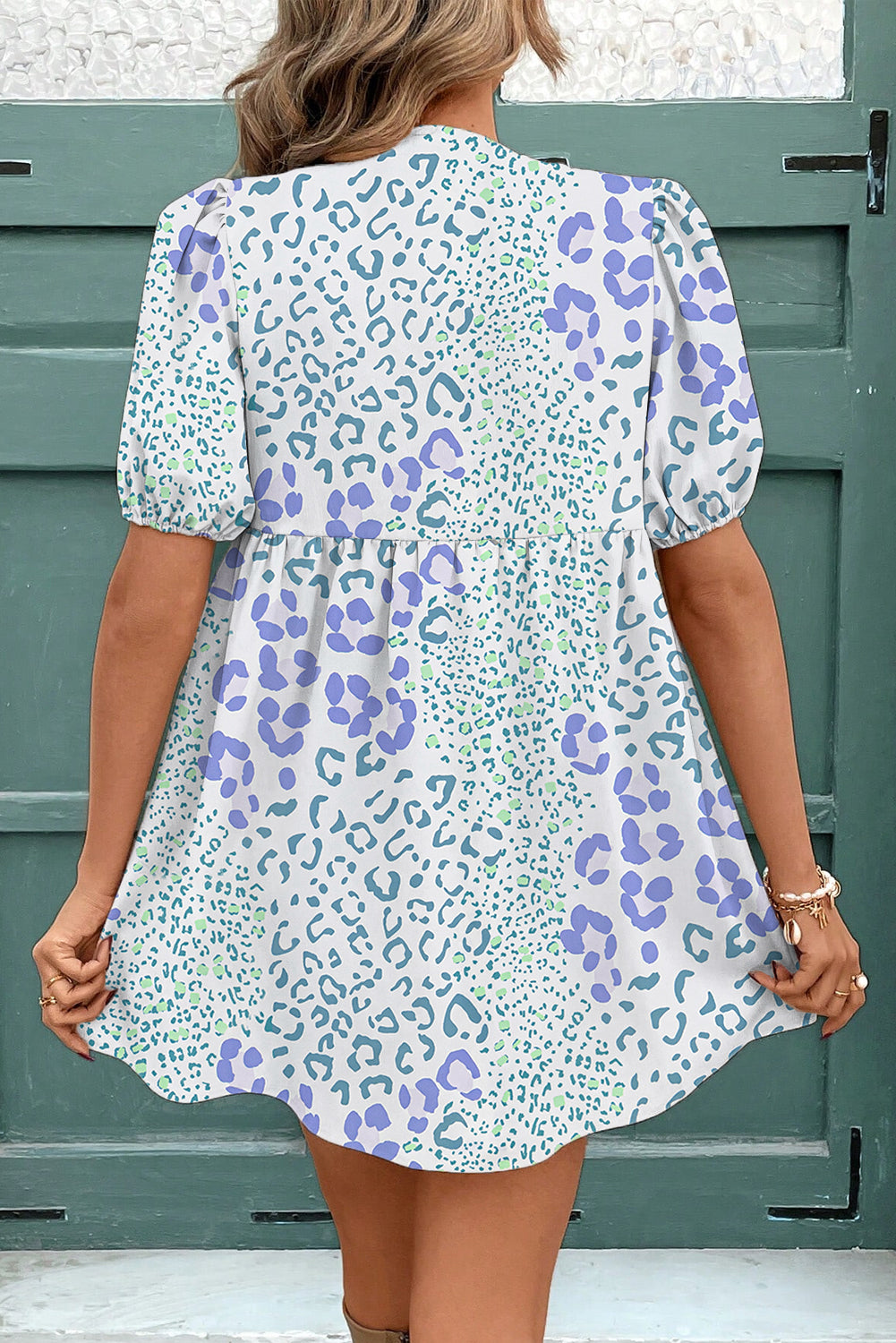 Sky Blue Floral Bow Front Puff Sleeve Mini Dress