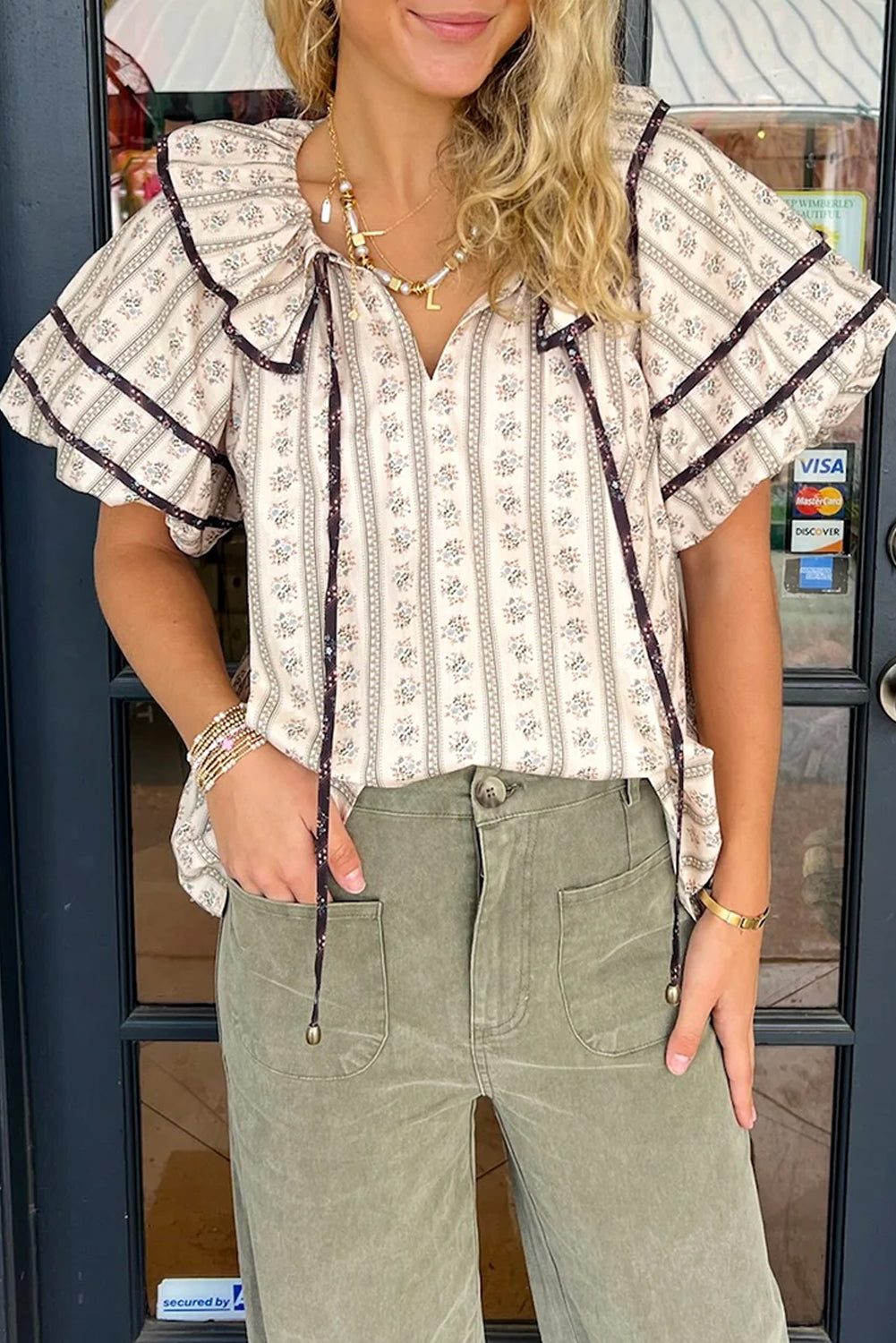 White Floral Ruffled Collar Short Puff Sleeve Printed Blouse