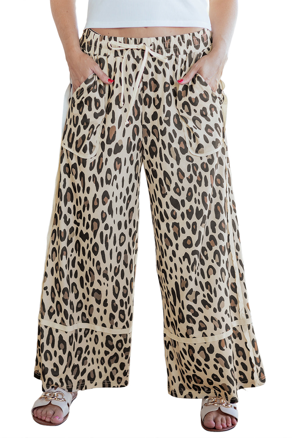 Khaki Leopard Wide Leg Cropped Pants