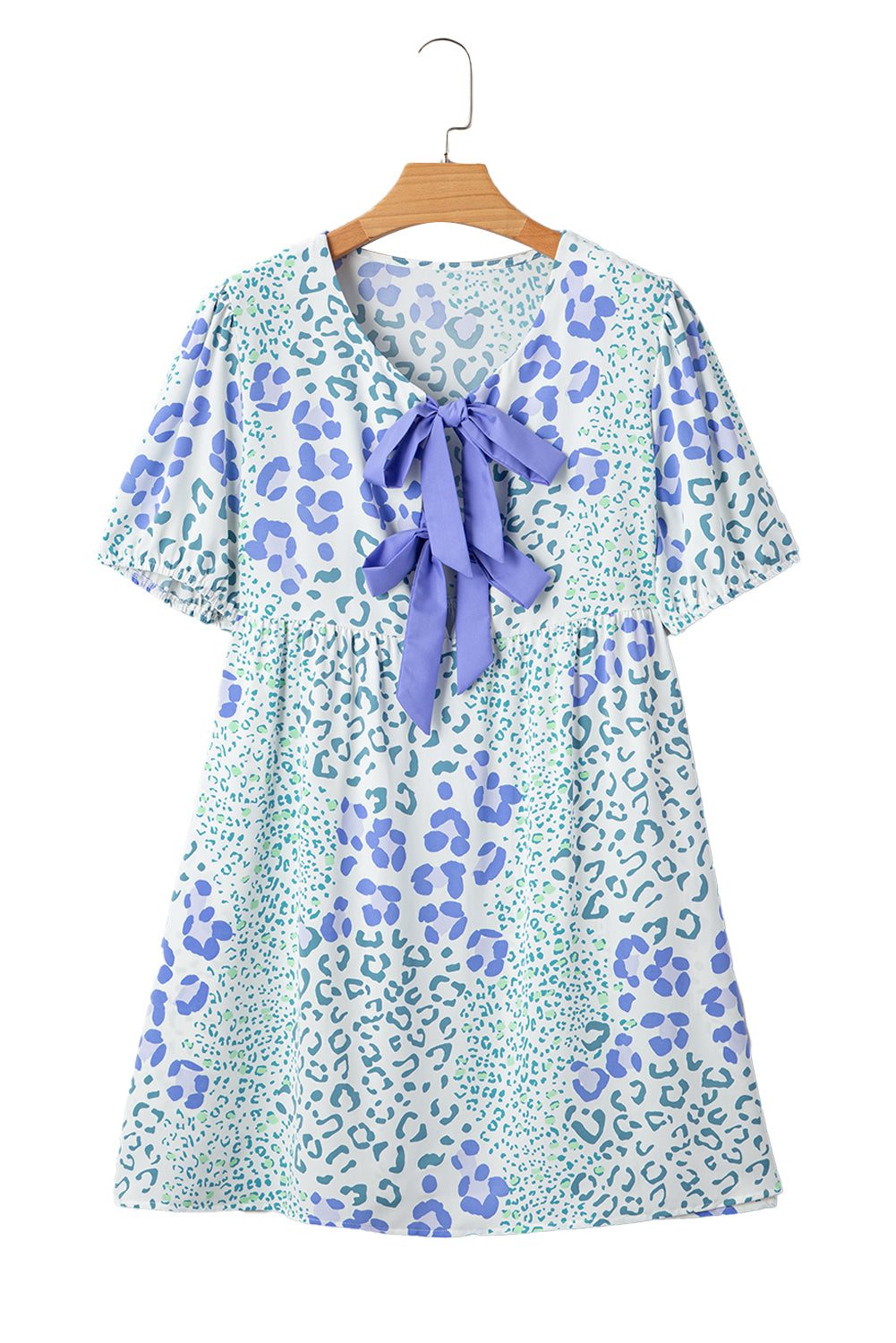 Sky Blue Floral Bow Front Puff Sleeve Mini Dress