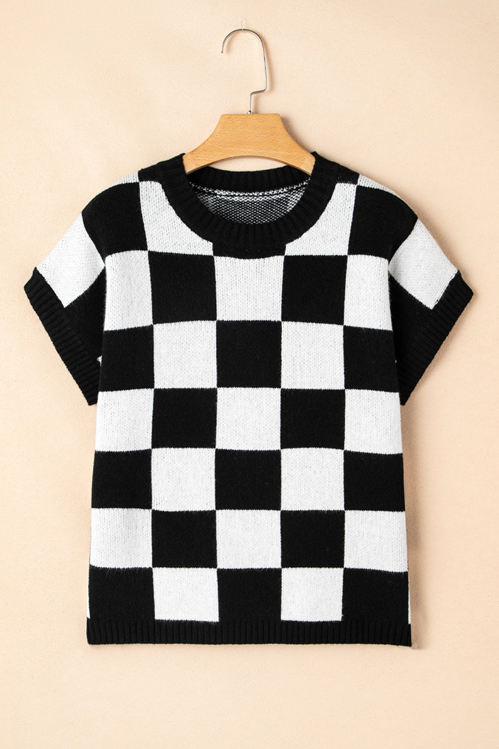 Light French Beige Checkered Knit Dolman Short Sleeve Sweater